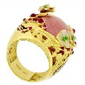 Кольцо с турмалином, рубинами, гранатами и эмалью, Золото 750