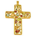Подвеска крест с бриллиантами и цветными вставками, Золото 750
